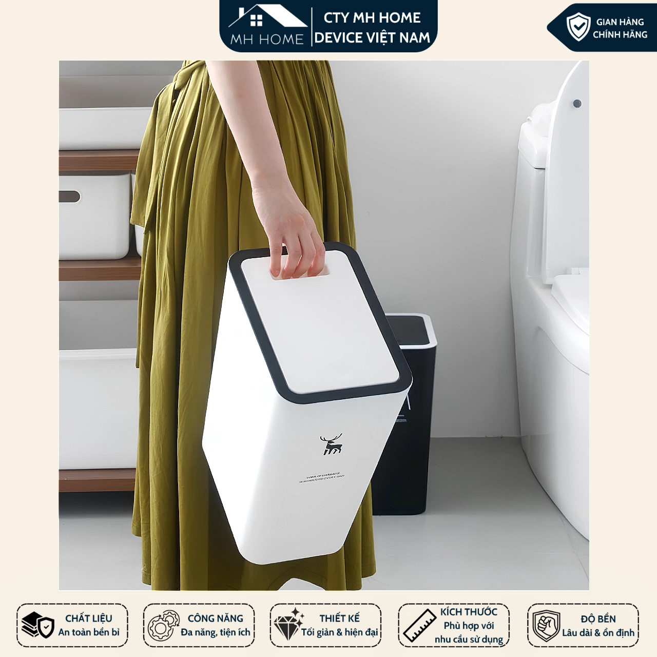Thùng Rác 15L Nắp Bật Hình Hươu Nhựa PP Cao Cấp, Thiết Kế Nhấn Nút Tiện Lợi, Nhỏ Gọn Tiết Kiệm Không Gian Cho Gia Đình
